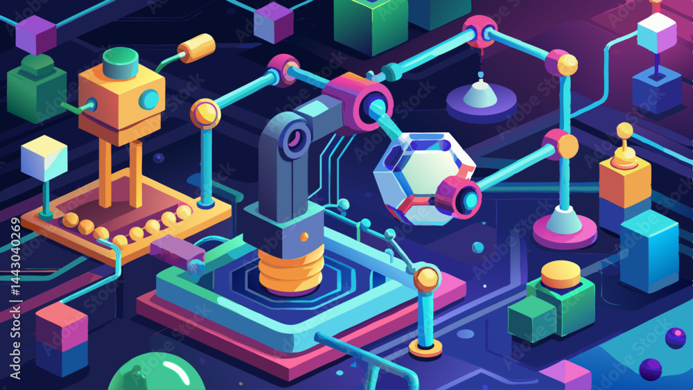 Aufkleber a colorful robot is surrounded by a variety of objects, including a large cube and a smaller cube. t