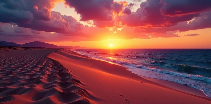 Sunset over Playa de la Mina with Paracas desert backdrop, desert, clouds