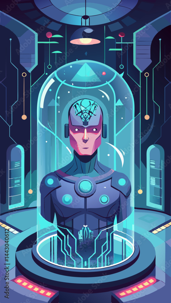 Poster a man is inside a glass dome with a microphone and a camera. the dome is surrounded by a colorful ba
