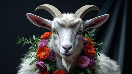 Hyperrealistic goat portrait, floral garland around neck, Eid al-Adha, black velvet backdrop, studio lighting, regal expression