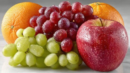 Fresh fruit assortment featuring oranges, grapes, and apple, healthy eating