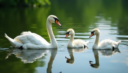 Obraz premium Swan family on the lake at M?ritz National Park in summer, green, swans