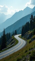 Sweeping arc of asphalt on mountainous track with dense forest, forest, track