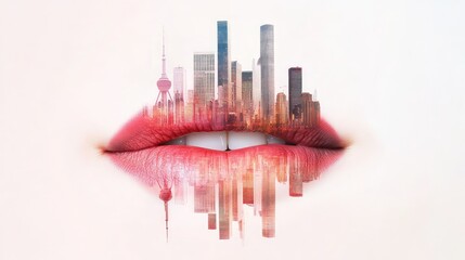 Feminine lips forming the base for a modern city skyline in high contrast