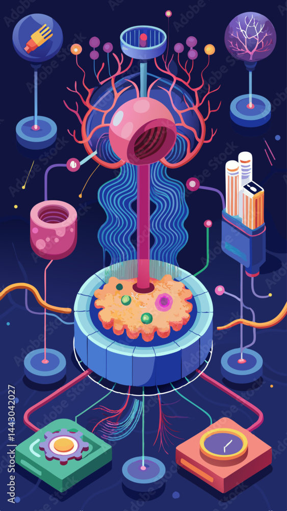 Poster a colorful drawing of a machine with a glowing light bulb. the drawing is abstract and has a futuris