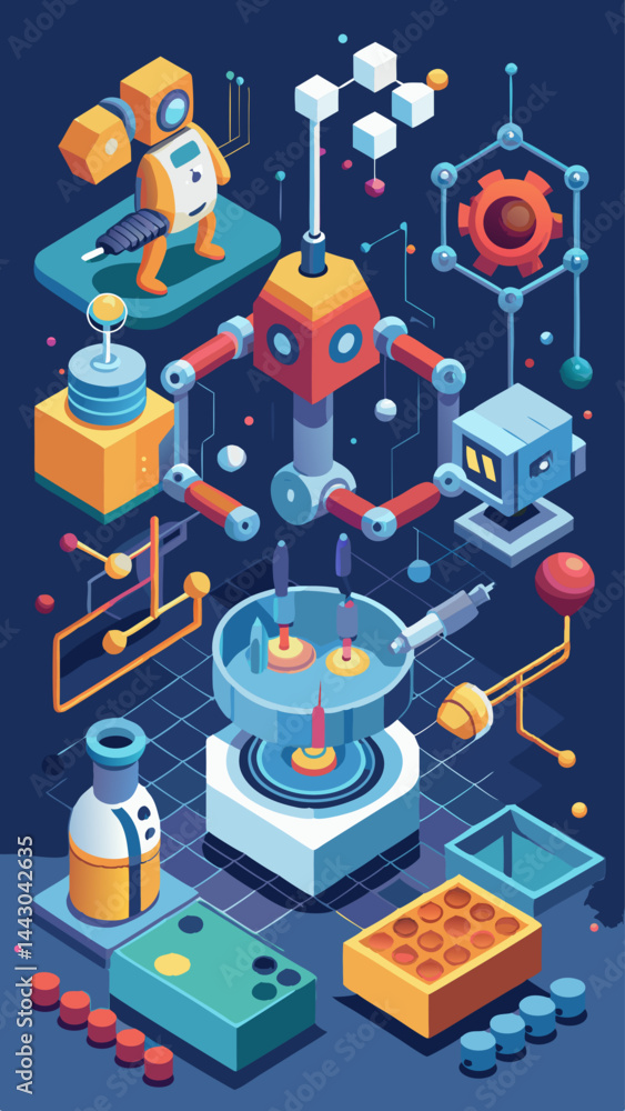 Poster a colorful illustration of a science lab with robots and other futuristic objects. scene is playful 