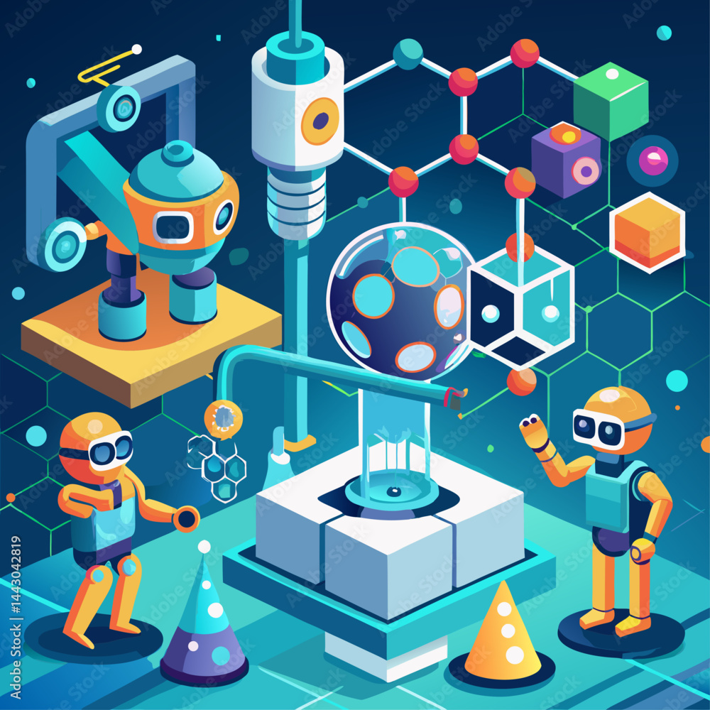 Poster a colorful illustration of a science lab with robots and other futuristic objects. scene is playful 