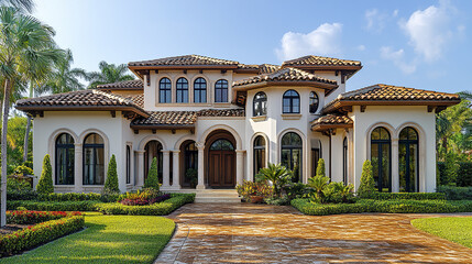 Obraz premium Luxurious and elegant architecture of modern house with lush landscaping and vibrant gardens
