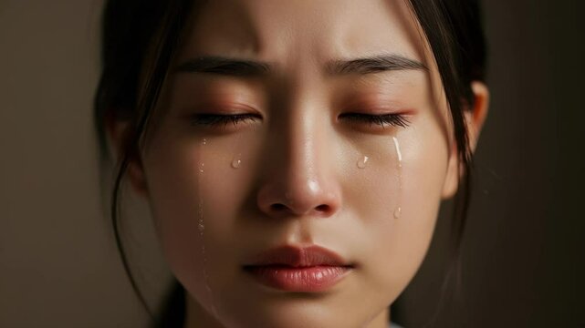 Close-up of a Young Woman Crying - A close-up shot depicts a young woman with tears streaming down her face.  Her eyes are closed