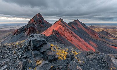 Naklejka premium Dramatic volcanic landscape; three peaks with striking red and black formations under a cloudy sky. Icelandic scenery.