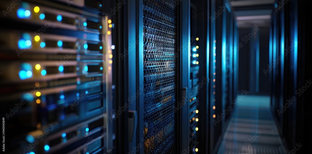 Poster Server corridor with glowing blue and yellow LED indicators and metallic mesh panels, representing secure digital systems, cloud computing, and advanced network infrastructure