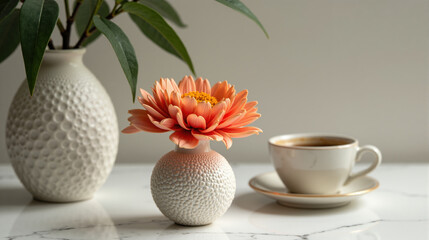 Elegant Floral Vase and Cup on Marble Table