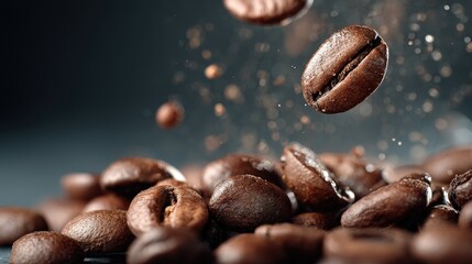 Obraz premium Roasted coffee beans falling dark brown grains