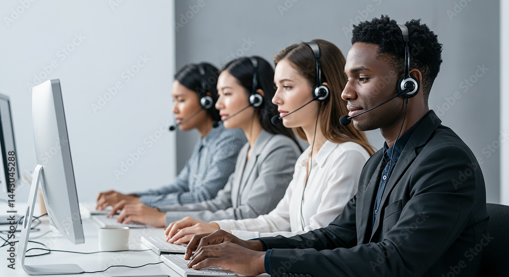 Aufkleber diverse team of customer service representatives providing support in busy call center