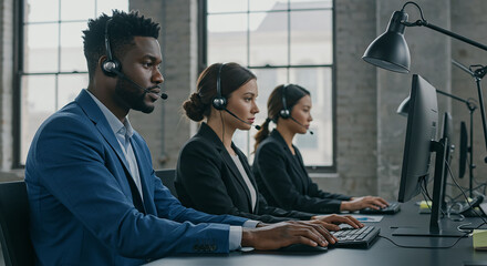 Diverse team of customer service representatives working in busy call center