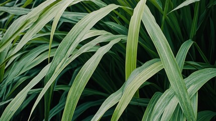 Obraz premium Lush green foliage of tall grass with water droplets in a natural setting creating a peaceful mood and a sense of freshness and vitality in a garden