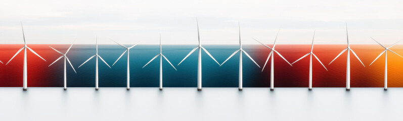 Fototapeta premium Offshore wind turbines with calm ocean backdrop and vibrant colors
