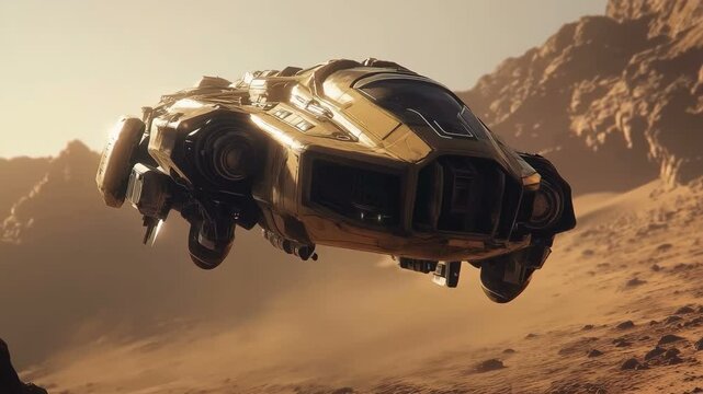 A Futuristic Hovercraft Journeying Through Unique and Uncharted Alien Terrain in a Daring Adventure