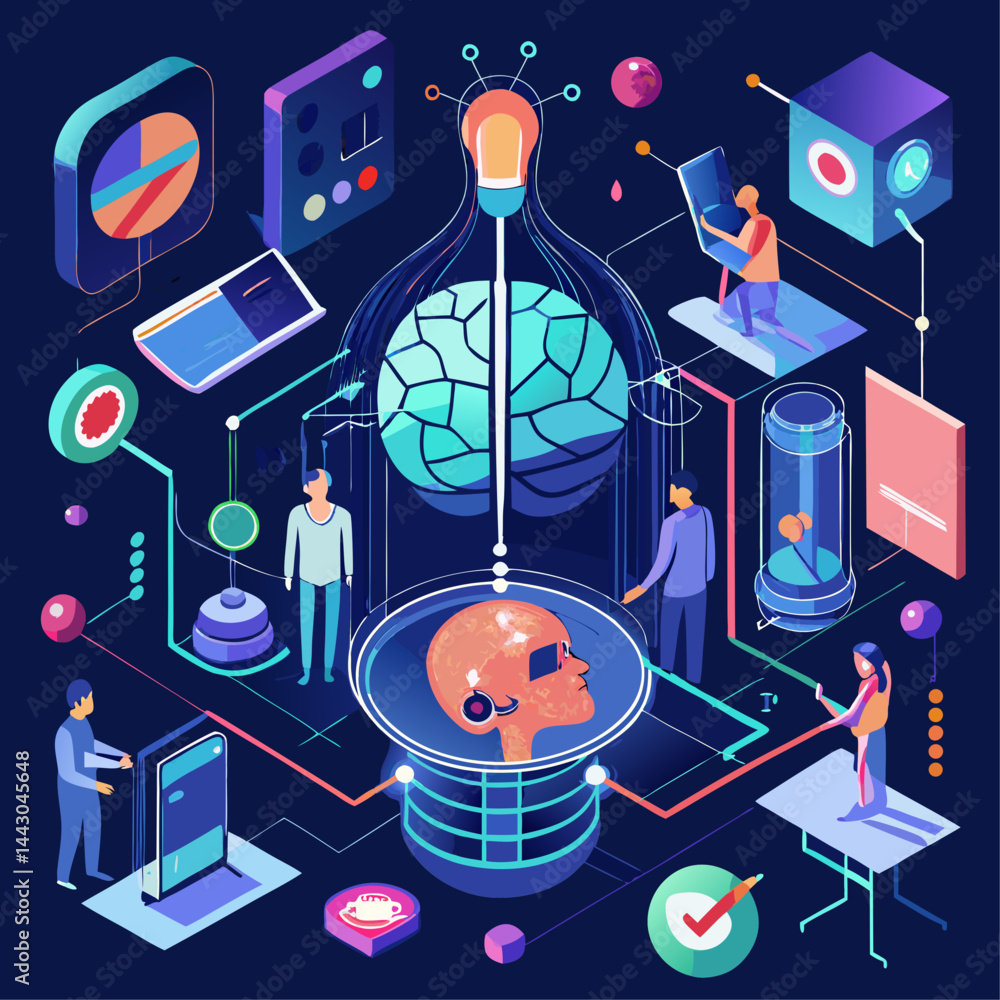 Poster a group of people are working on a project that involves the brain. they are all wearing lab coats a