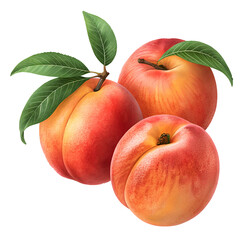 3D Peaches with Leaves Isolated on White or Transparent Background – High Quality PNG Image