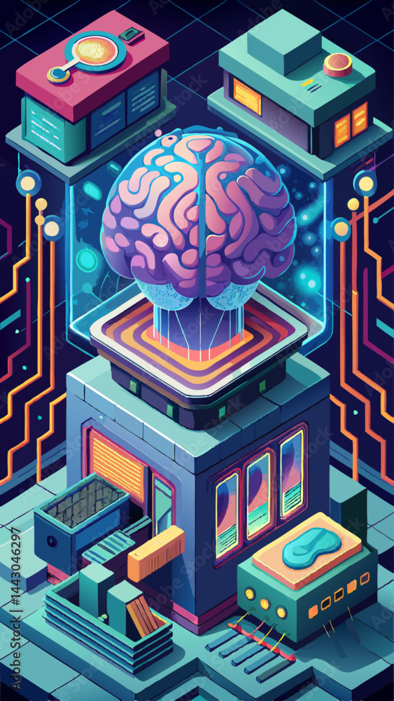 Poster a computer monitor displays a brain with a computer chip in it. the computer chip is labeled 