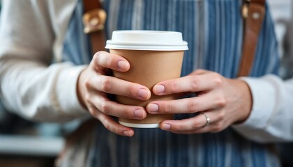 Holding Coffee in Paper Cup Wearing Apron in Cafe Setting