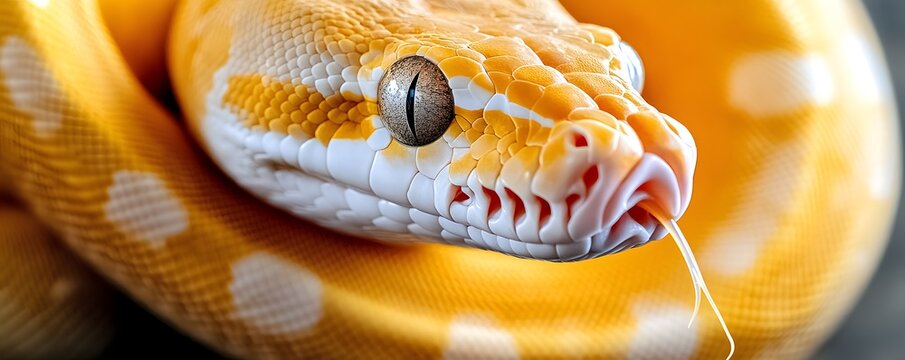 Albino ball python coiled up with its tongue out