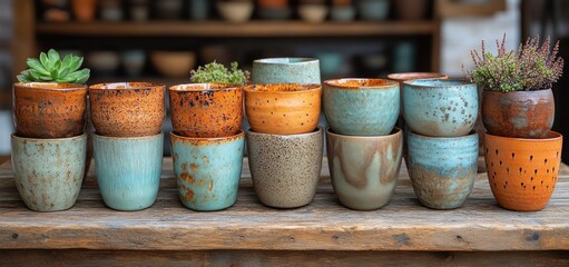 Fototapeta premium Artisan Handmade Ceramic Cups Collection: Rustic Charm and Earthy Tones