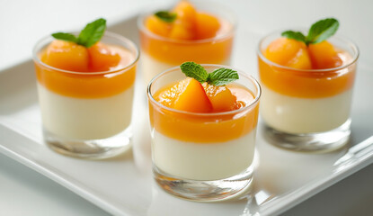 Panna cotta dessert with apricot puree and peach slices in a glass cup on a white plate