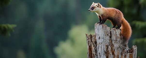 Fototapeta premium Yellow throated marten surveys its surroundings from atop tree stump