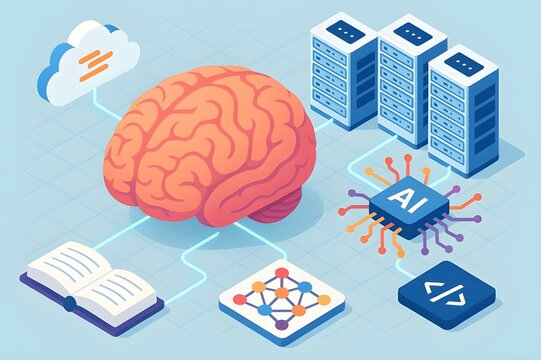 Isometric 3D Illustration of Human Brain Connected to AI System &ndash; Educational Tech Concept