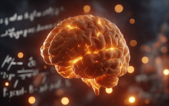 Illuminated brain amidst equations intellect ablaze