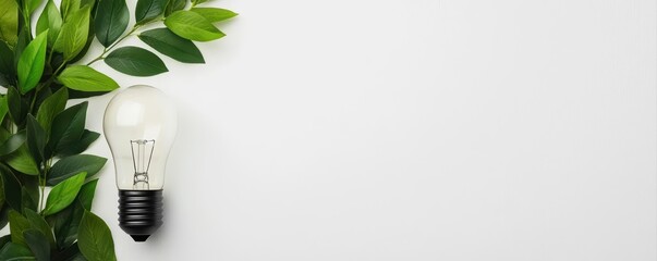 Green leaves and a light bulb symbolize eco-friendly ideas on a white background.
