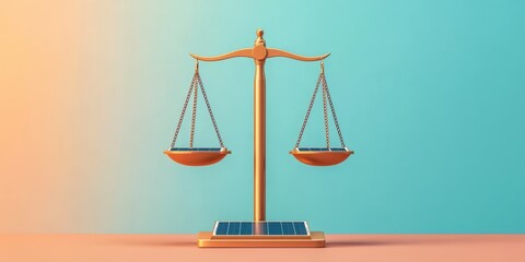 A golden balance scale with solar panels on its base and pans, set against a gradient pastel background.