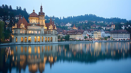 Fototapeta premium Serene twilight view of a lakeside town with a grand building reflecting in calm waters. Illuminated architecture and tranquil atmosphere.