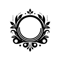 Elegant Black and White Ornate Circular Frame Emblem Design with Leaves and Flourishes