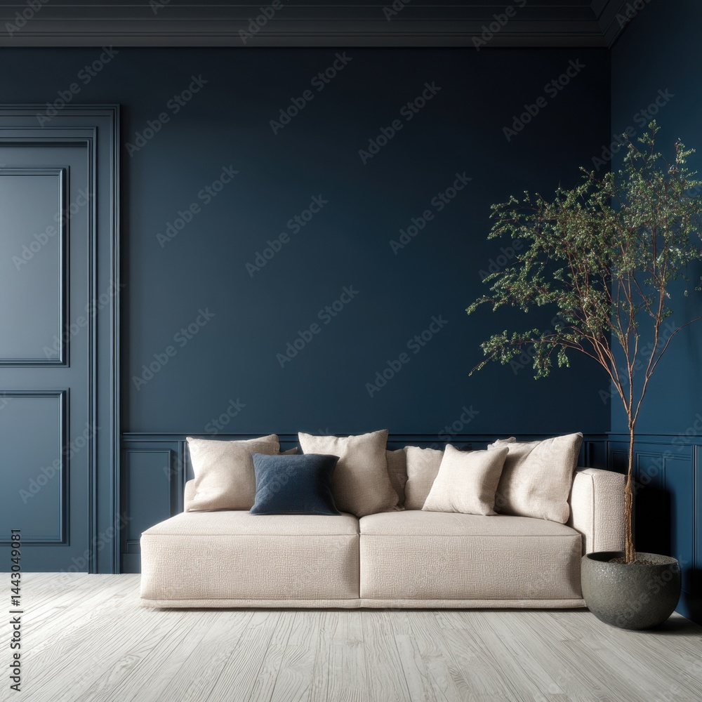 Poster serene interior design featuring a modern sofa against a deep blue wall with a decorative tree creat