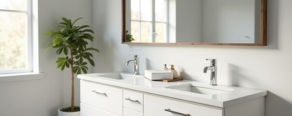 Modern farmhouse double vanity, white cabinets, sleek faucets, minimalist, mirror, black