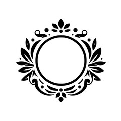 Elegant Black and White Vector Ornamental Circular Frame with Floral Motifs. Classic Decorative Design Element.