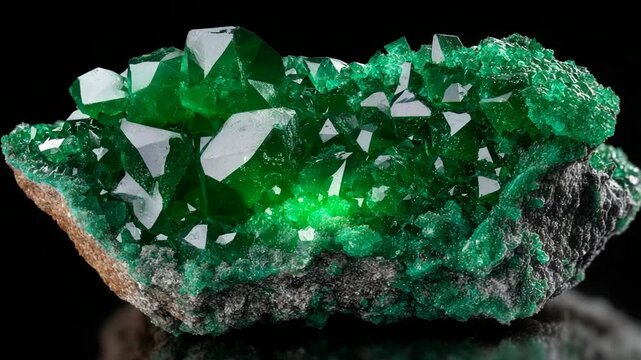 Cluster of bright green dioptase crystals on matrix, showing well-formed trigonal crystals and vibrant color under studio lighting