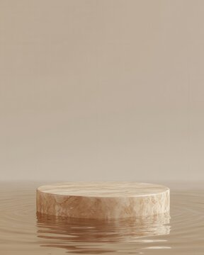 Elegant marble podium on water surface serene scene beige background minimalist design product display platform showcase natural light studio shot conceptual art