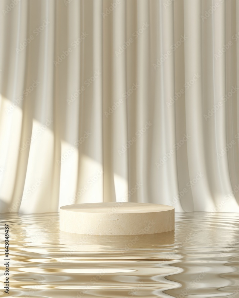 Poster serene presentation stage on rippled water with flowing curtain backdrop casting soft light for prod