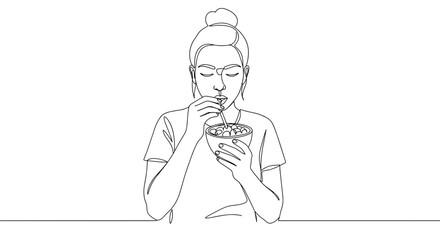 Woman enjoying a bowl of food in a minimalist style  