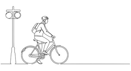 Obraz premium Line drawing of a cyclist riding past a traffic signal 