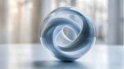 Glass orb with swirling interwoven light blue and white design sitting on a pale surface