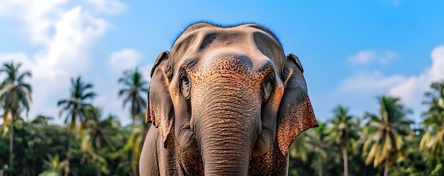 Close up of a majestic elephant against tropical scenery