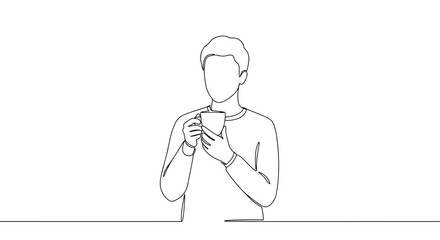 Person enjoying a warm drink in minimalist line art style  