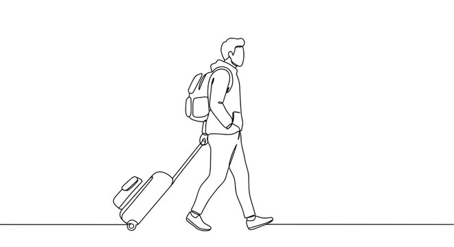 Man walking with suitcase in minimalist line art style  