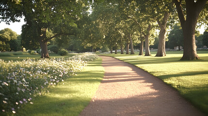 Obraz premium Serene pathway meanders through a sun-drenched park, lined with majestic trees and blooming wildflowers. Perfect for relaxation, tranquility, and nature themes.