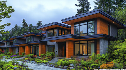 Fototapeta premium Modern housing development featuring clean lines and large windows, surrounded by greenery